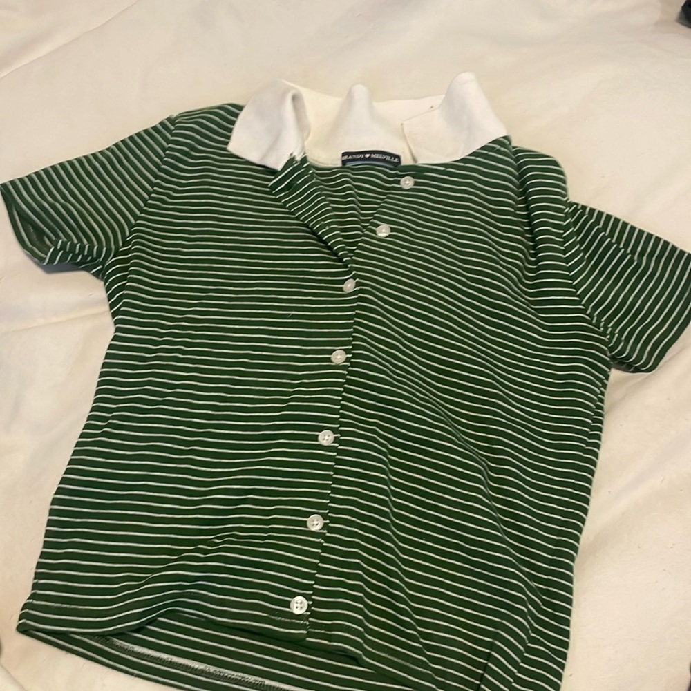 Brandy Melville green and white striped button up  collard crop top